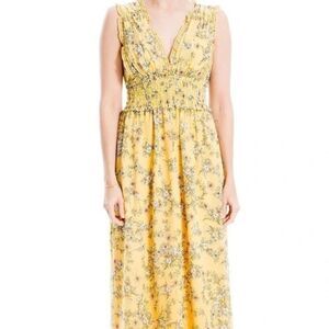 Max Studio Yellow Floral Sleeveless V-Neck Maxi Dress XL NWT Smocked Waist